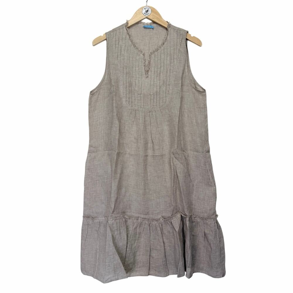 J McLaughlin Maryann Linen Pintuck Shift Dress Brown Houndstooth Sleeveless Sz L